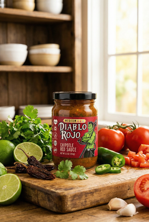 Diablo Rojo Medium restaurant-style chipotle salsa served with tortilla chips