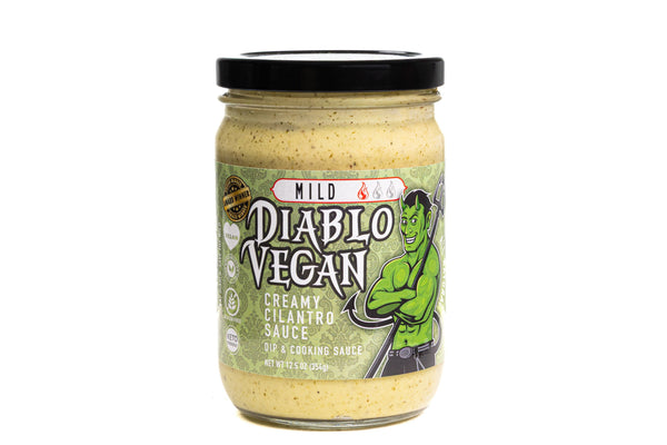 Diablo Vegan Mild 12oz jar, a dairy-free plant-based creamy cilantro salsa and cooking sauce from 3 Sons Foods