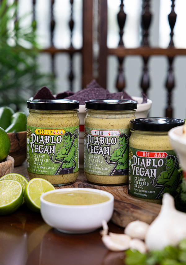 Diablo Vegan Hot plant-based creamy cilantro sauce styled with fresh ingredients