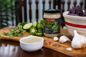Diablo Verde Hot creamy cilantro sauce styled with fresh peppers and lime