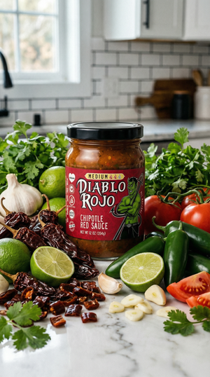 Diablo Rojo Medium chunky chipotle salsa with tomatoes, garlic and lime